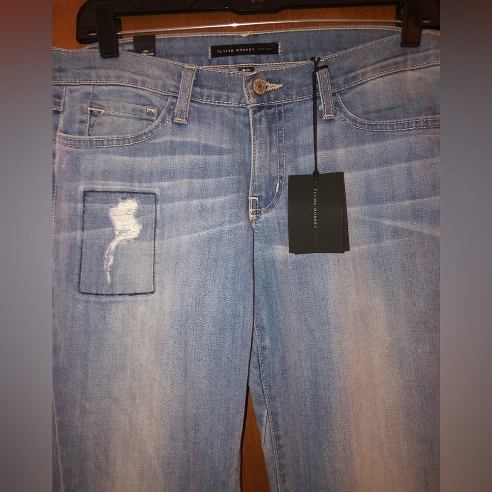 The Buckle Flying monkey Low Rise patchwork super Flare Jeans. Size 28/34. NWT - Picture 5 of 11